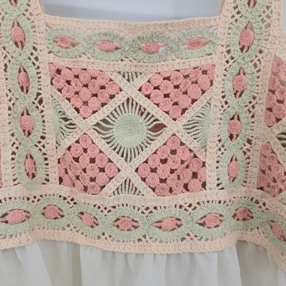 Rebellion Again Women's Boho Crochet Sheer Ruffle Chiffon Cropped Blouse Medium - Picture 6 of 9